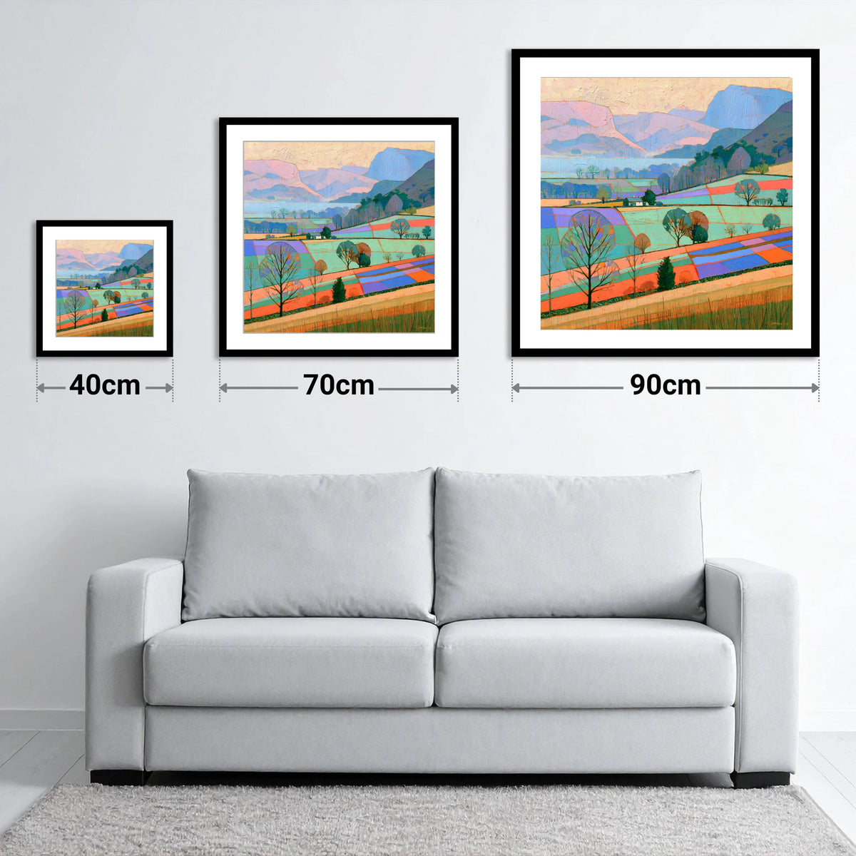 Bright Patchwork Valley Mist - size guide showing 40cm, 70cm and 90cm art prints