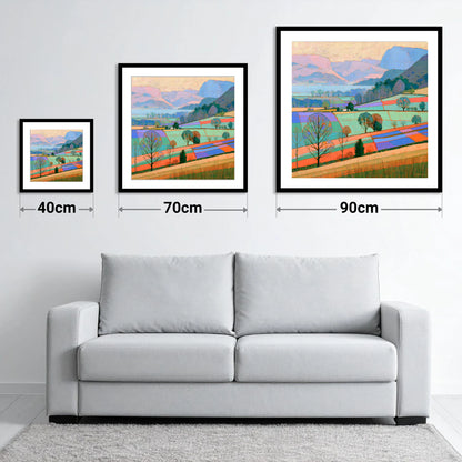 Bright Patchwork Valley Mist - size guide showing 40cm, 70cm and 90cm art prints