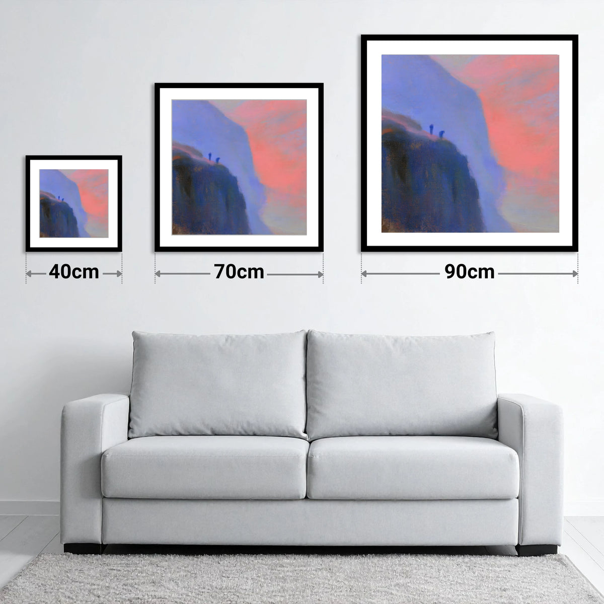 Crag Climbers in Pink Twilight - size guide showing 40cm, 70cm and 90cm art prints