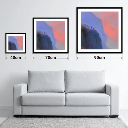 Crag Climbers in Pink Twilight - size guide showing 40cm, 70cm and 90cm art prints