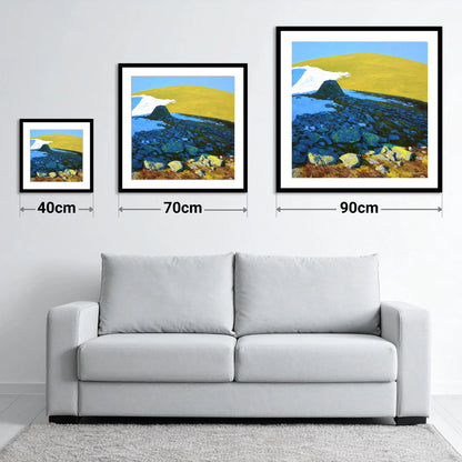 Sunlit Snow on Great Dodd - size guide showing 40cm, 70cm and 90cm art prints