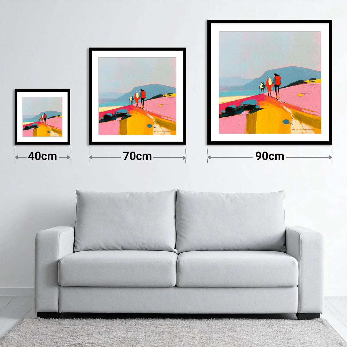 Bright Fell Ridge Walkers - size guide showing 40cm, 70cm and 90cm art prints