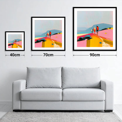 Bright Fell Ridge Walkers - size guide showing 40cm, 70cm and 90cm art prints