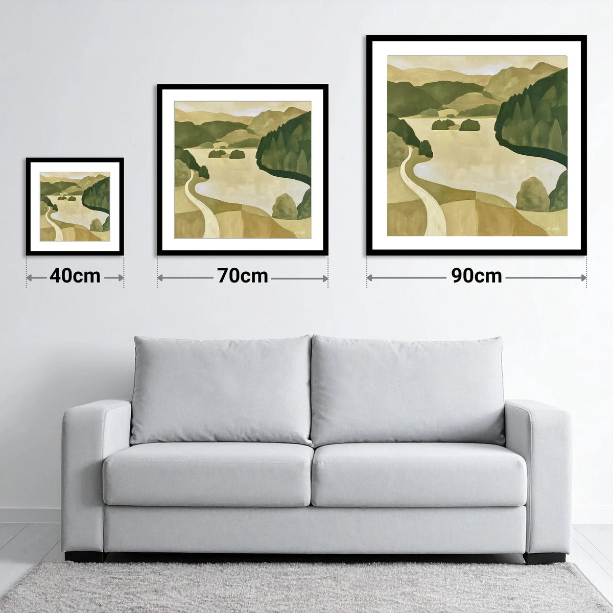 Winding Path at Rydal Water - size guide showing 40cm, 70cm and 90cm art prints