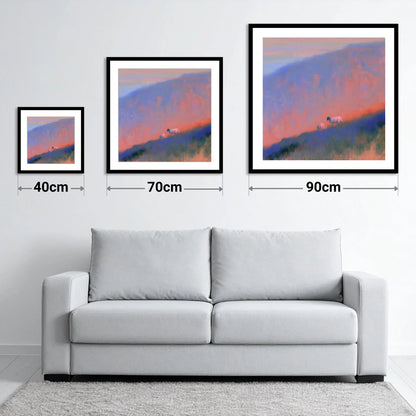 Herdwick Sheep on Twilight Fellside - size guide showing 40cm, 70cm and 90cm art prints