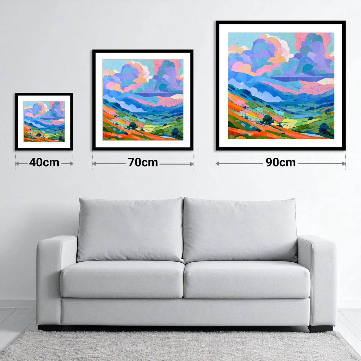 Colourful Fells Under Storm Clouds - size guide showing 40cm, 70cm and 90cm art prints