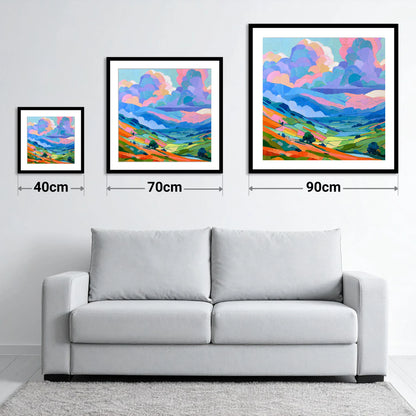 Colourful Fells Under Storm Clouds - size guide showing 40cm, 70cm and 90cm art prints