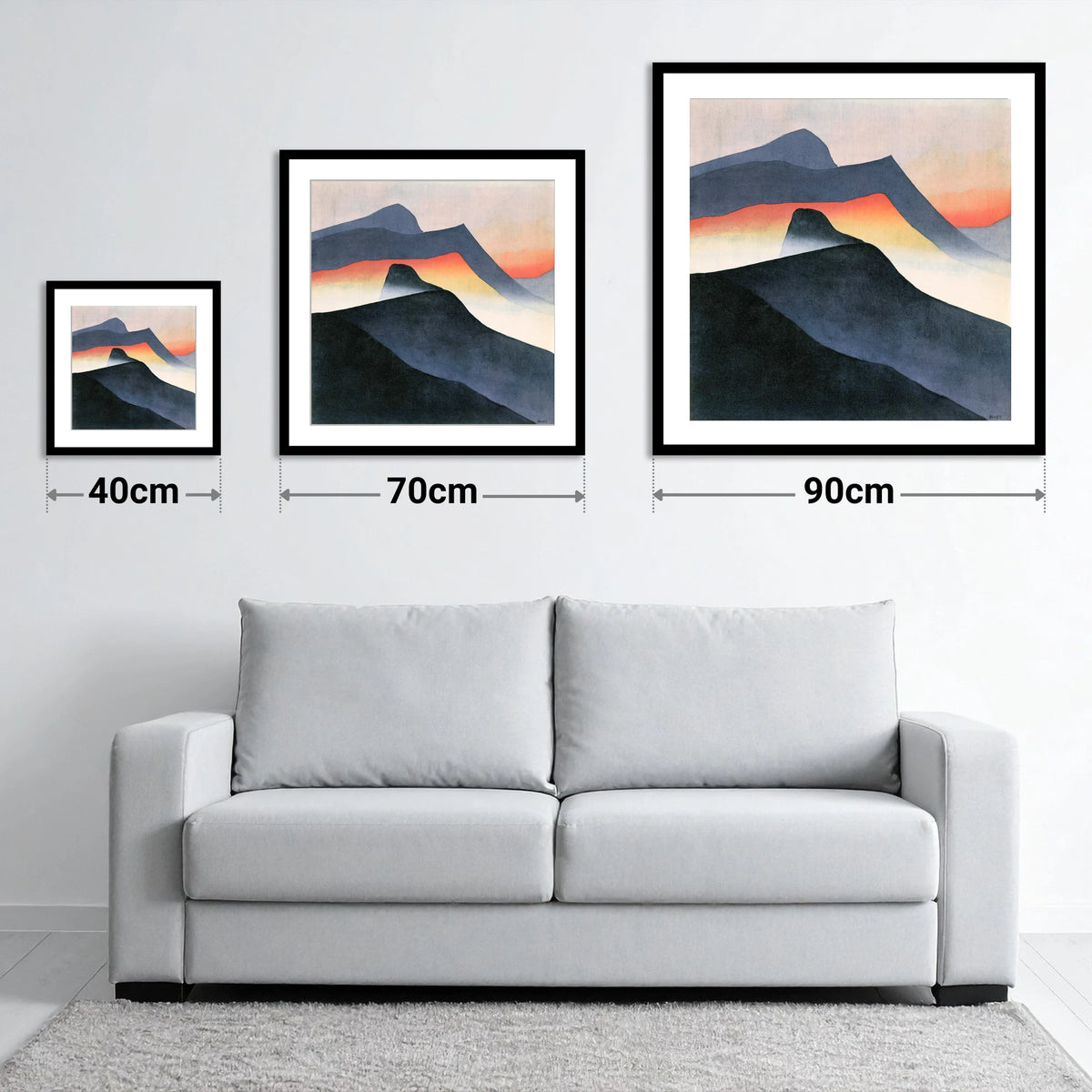 Mountain Ridge in Orange Mist - size guide showing 40cm, 70cm and 90cm art prints