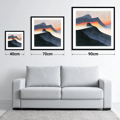 Mountain Ridge in Orange Mist - size guide showing 40cm, 70cm and 90cm art prints