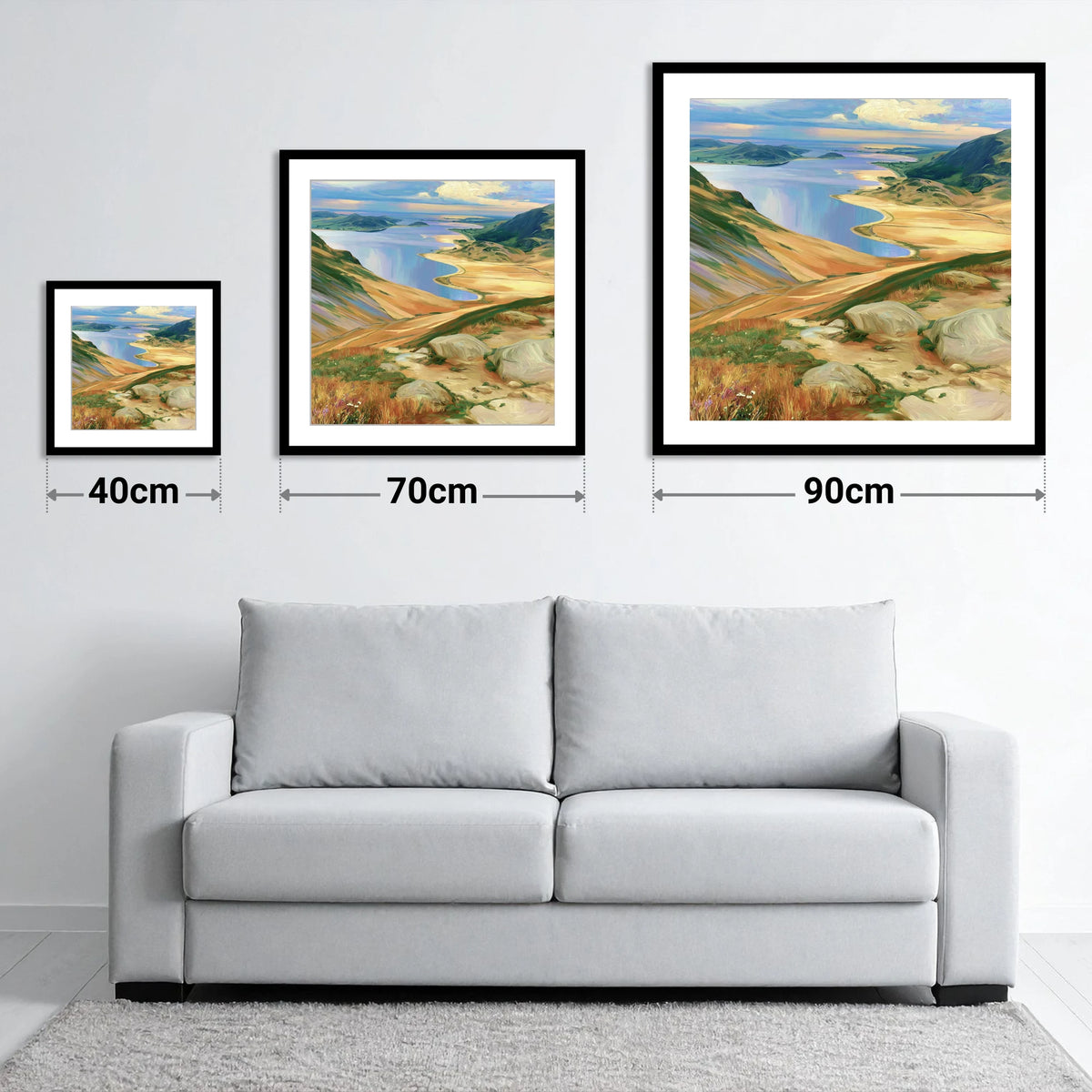Vibrant Summit View over Water - size guide showing 40cm, 70cm and 90cm art prints