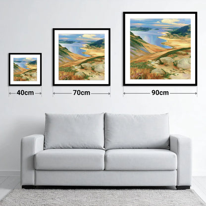 Vibrant Summit View over Water - size guide showing 40cm, 70cm and 90cm art prints