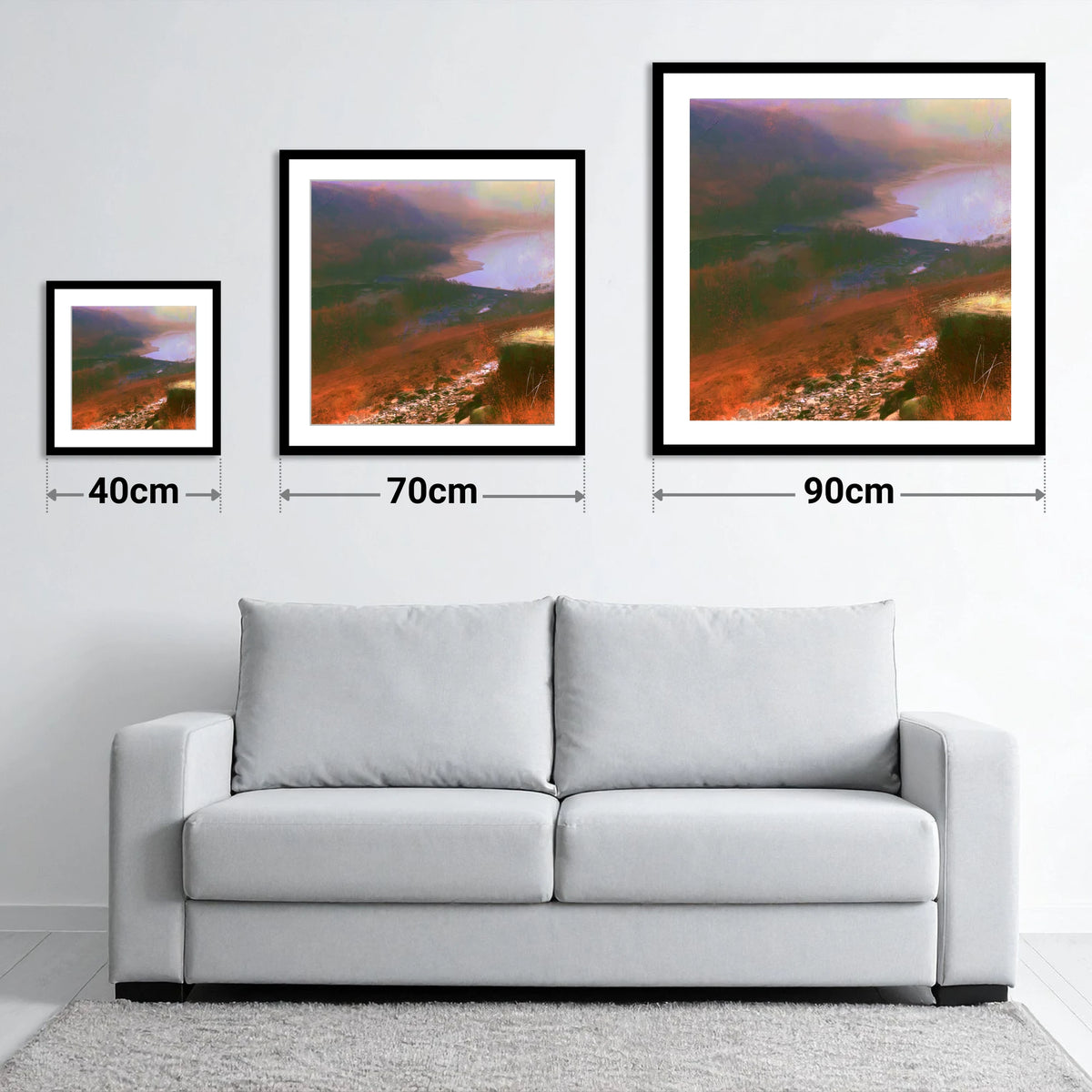 Descending Helvellyn Path to Thirlmere - size guide showing 40cm, 70cm and 90cm art prints