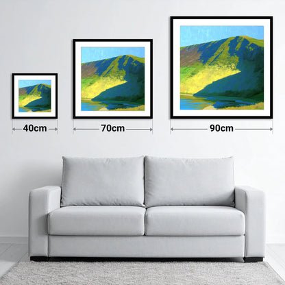 Sunlit Slopes of Lonscale Fell - size guide showing 40cm, 70cm and 90cm art prints
