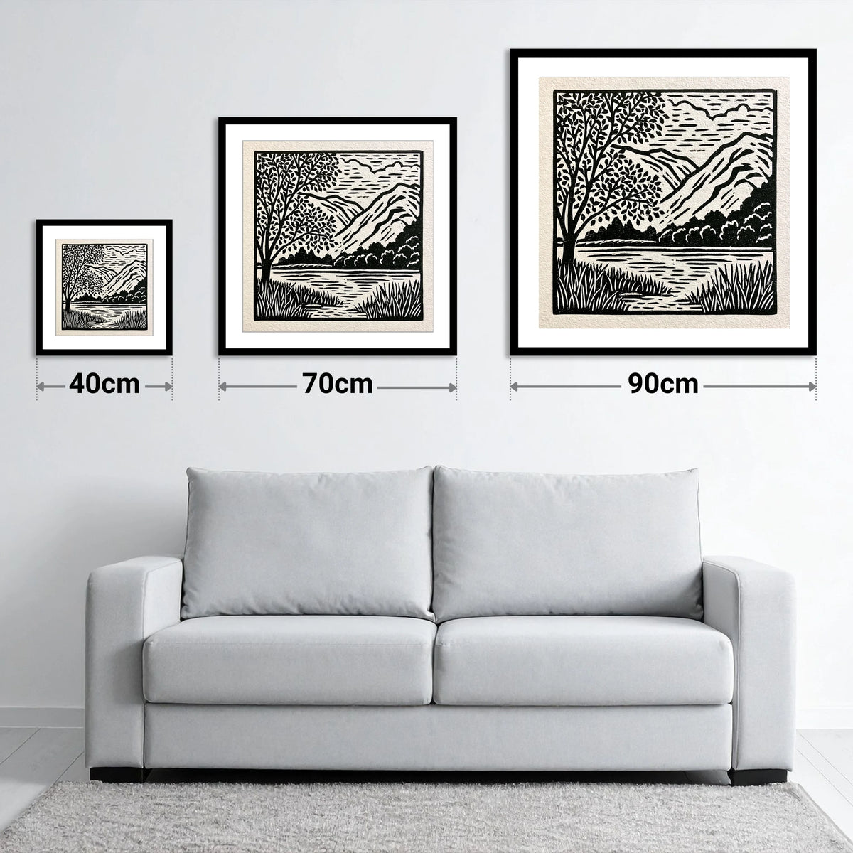 Monochrome Grasmere Water and Fells - size guide showing 40cm, 70cm and 90cm art prints