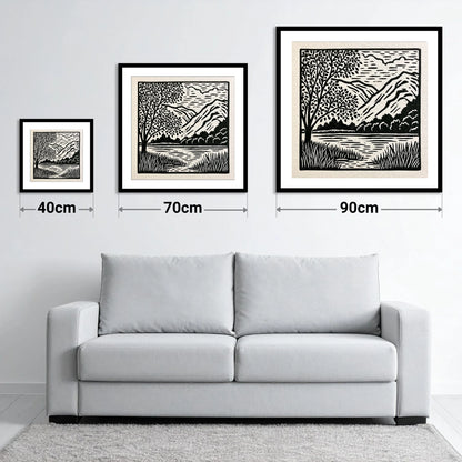 Monochrome Grasmere Water and Fells - size guide showing 40cm, 70cm and 90cm art prints