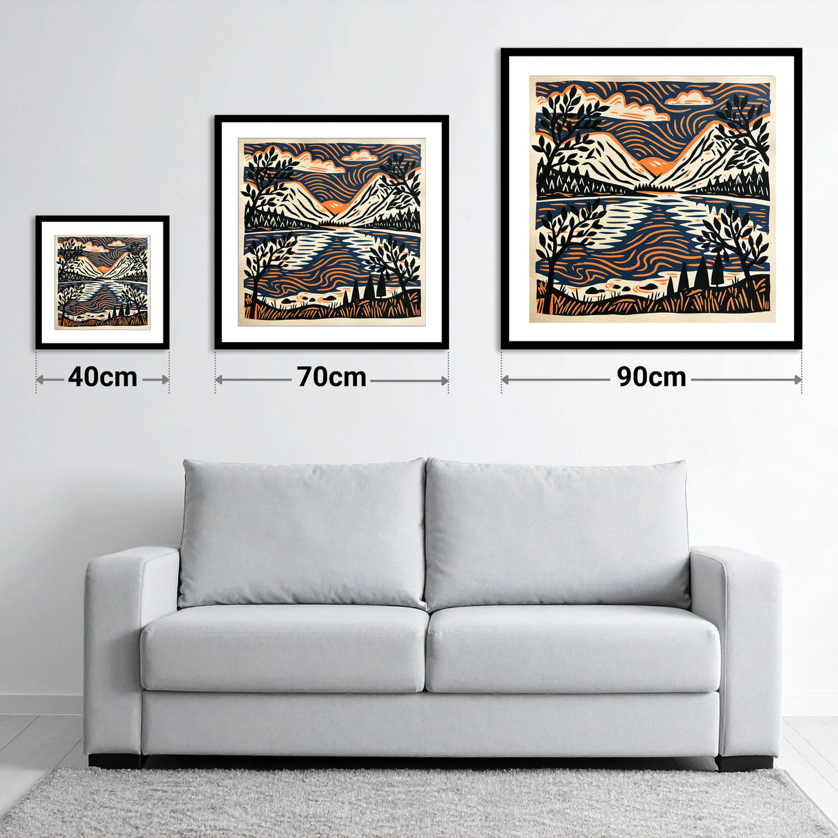 Lake Reflections in Navy and Orange - size guide showing 40cm, 70cm and 90cm art prints