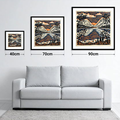 Lake Reflections in Navy and Orange - size guide showing 40cm, 70cm and 90cm art prints