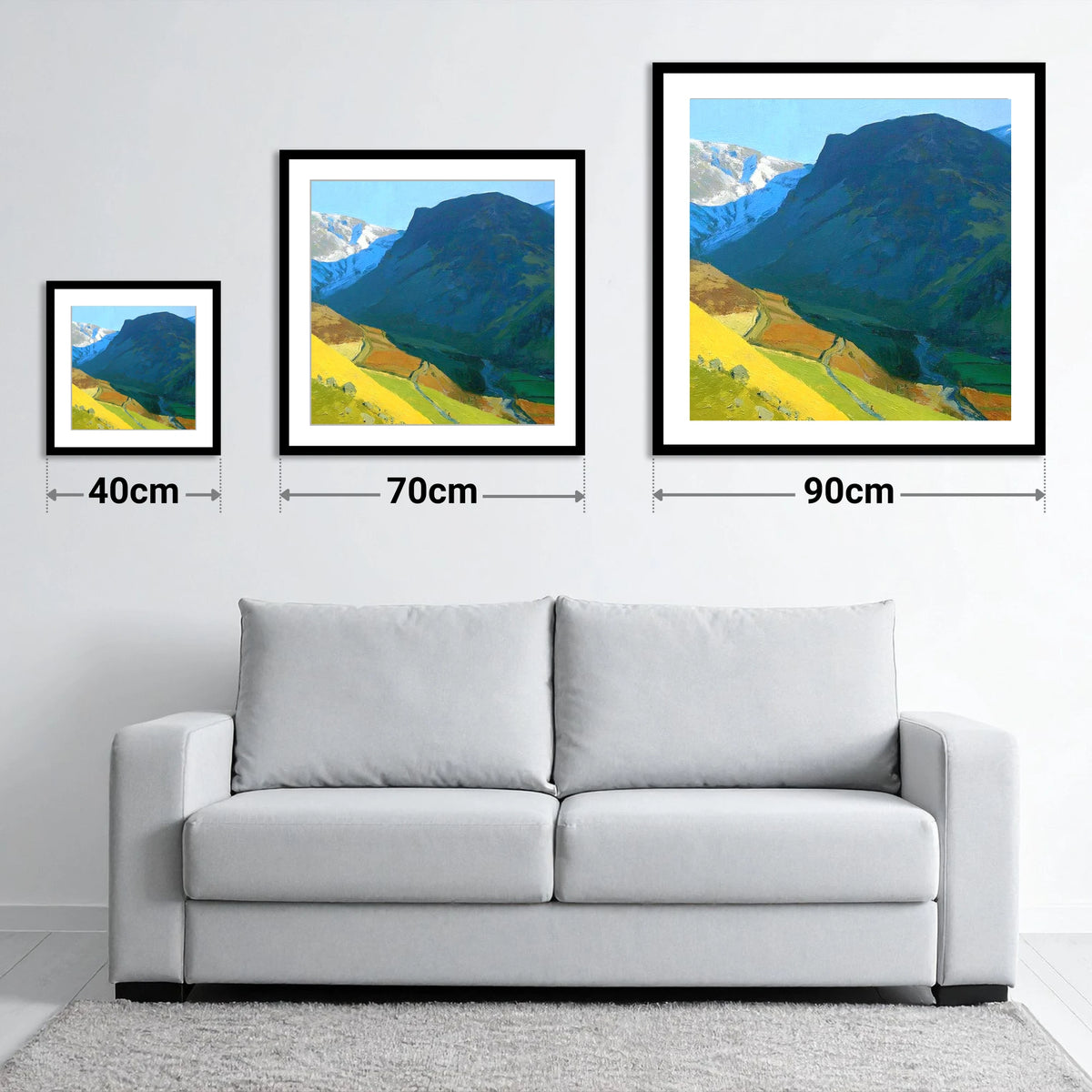Outerside Peak and Winding Track - size guide showing 40cm, 70cm and 90cm art prints