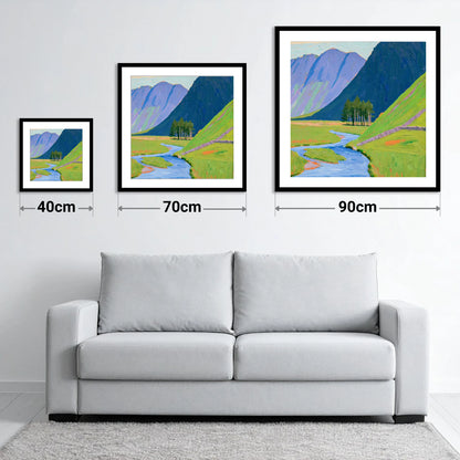 Haystacks and Vibrant Valley Beck - size guide showing 40cm, 70cm and 90cm art prints