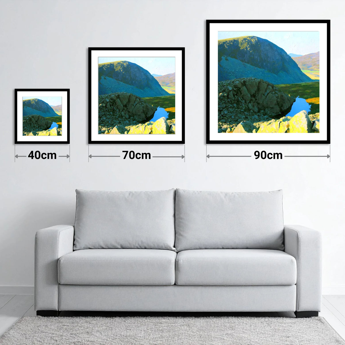 High Crag and Sunlit Tarn - size guide showing 40cm, 70cm and 90cm art prints