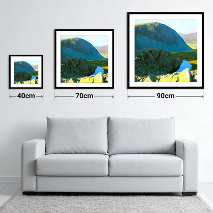 High Crag and Sunlit Tarn - size guide showing 40cm, 70cm and 90cm art prints