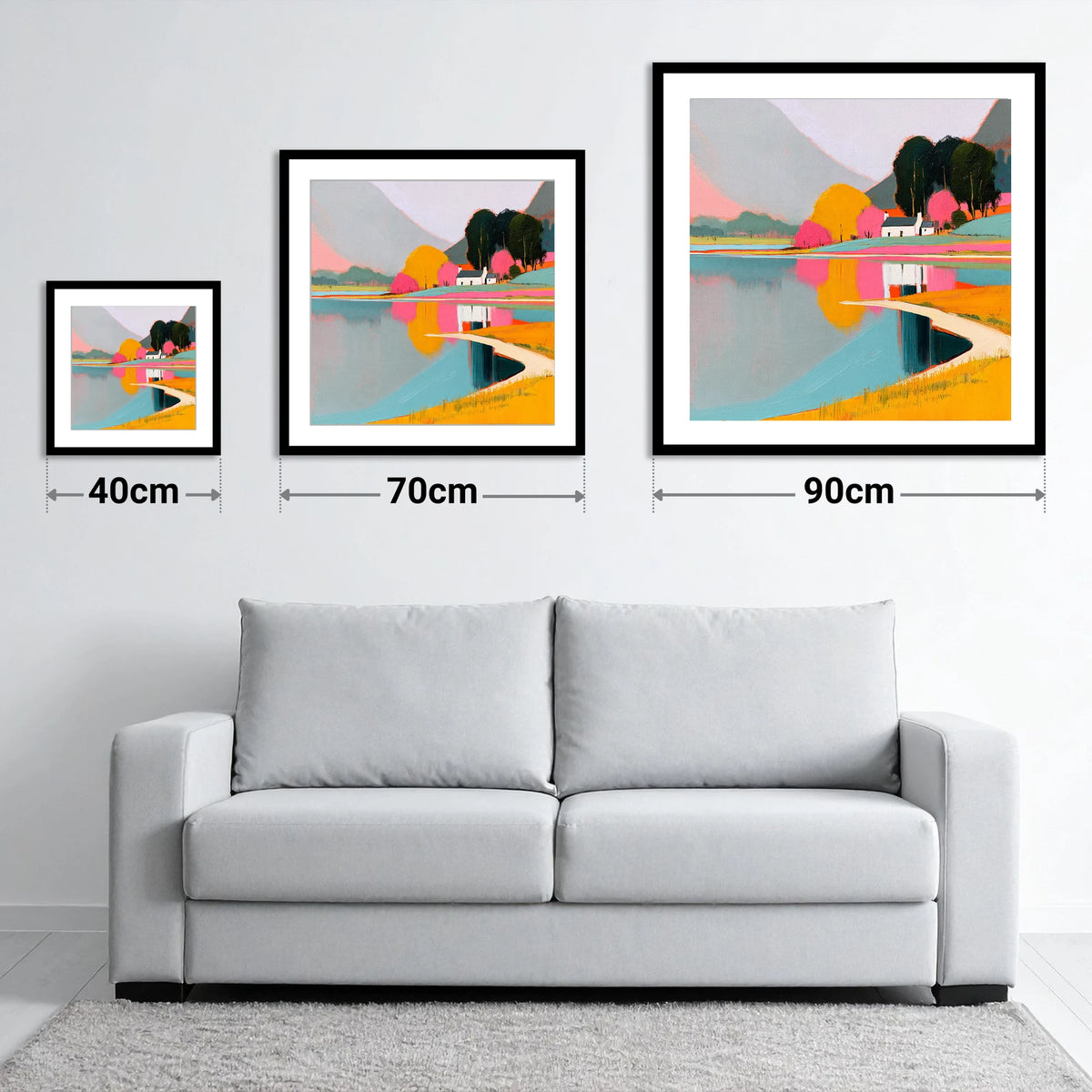 Vibrant Cottage and Lake Reflections - size guide showing 40cm, 70cm and 90cm art prints
