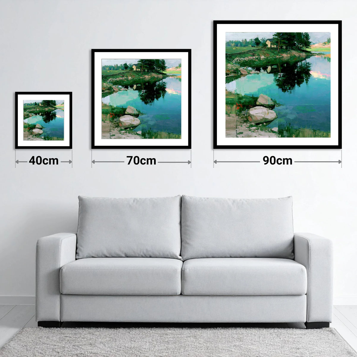 Lakeside Cottage And Turquoise Reflections - size guide showing 40cm, 70cm and 90cm art prints