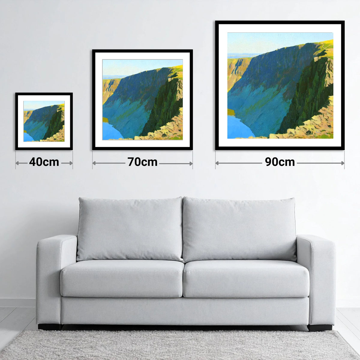 Scoat Fell Crags Vibrant Shadows - size guide showing 40cm, 70cm and 90cm art prints