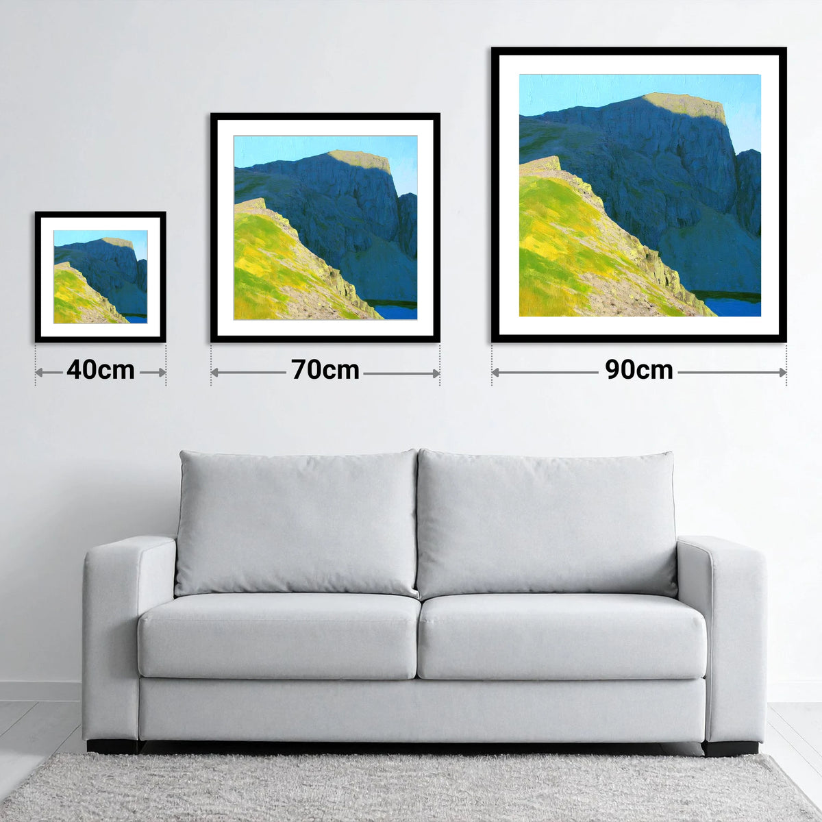 Sunlit Ridge Below Pillar Crags - size guide showing 40cm, 70cm and 90cm art prints