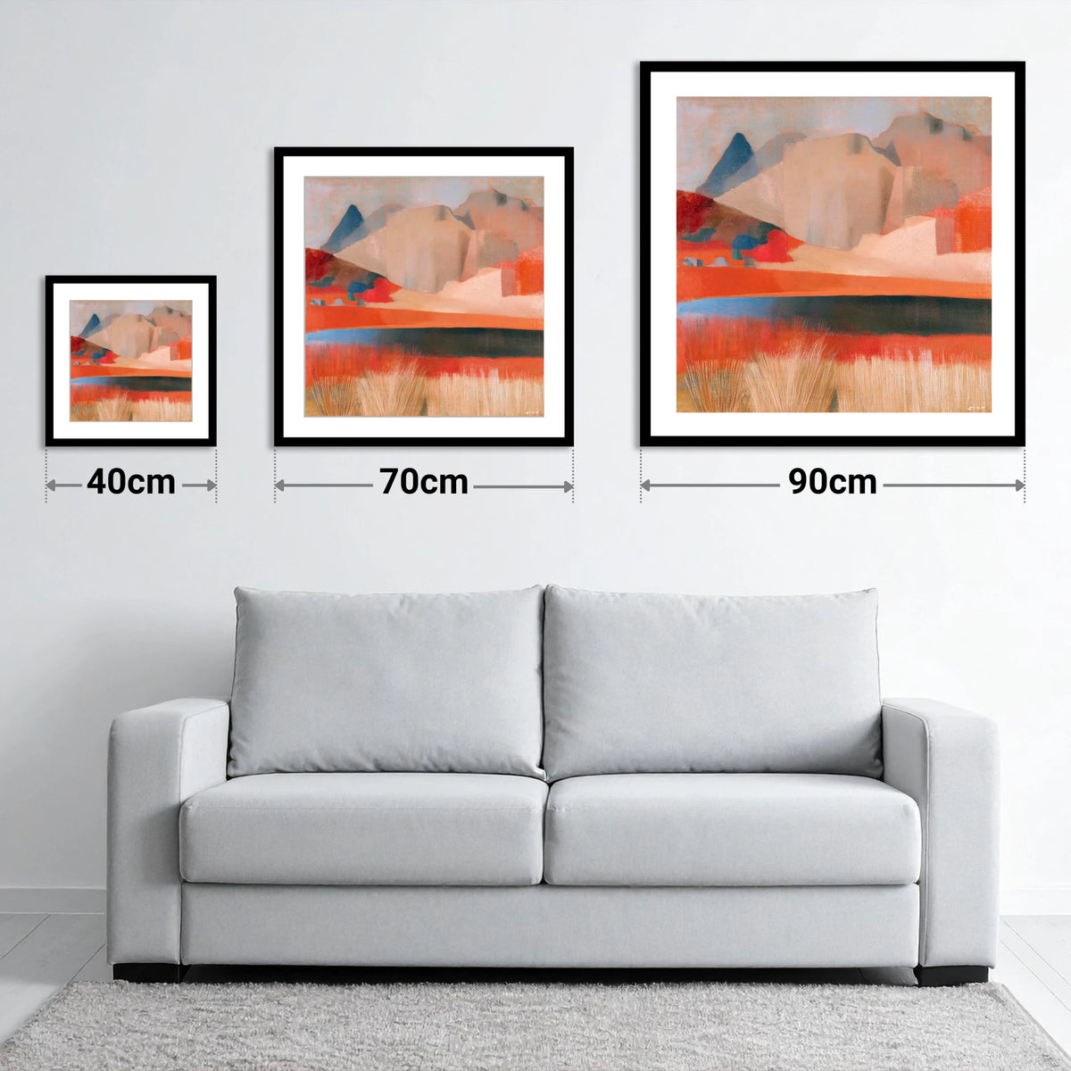 Stickle Tarn in Warm Terracotta - size guide showing 40cm, 70cm and 90cm art prints
