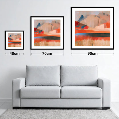 Stickle Tarn in Warm Terracotta - size guide showing 40cm, 70cm and 90cm art prints