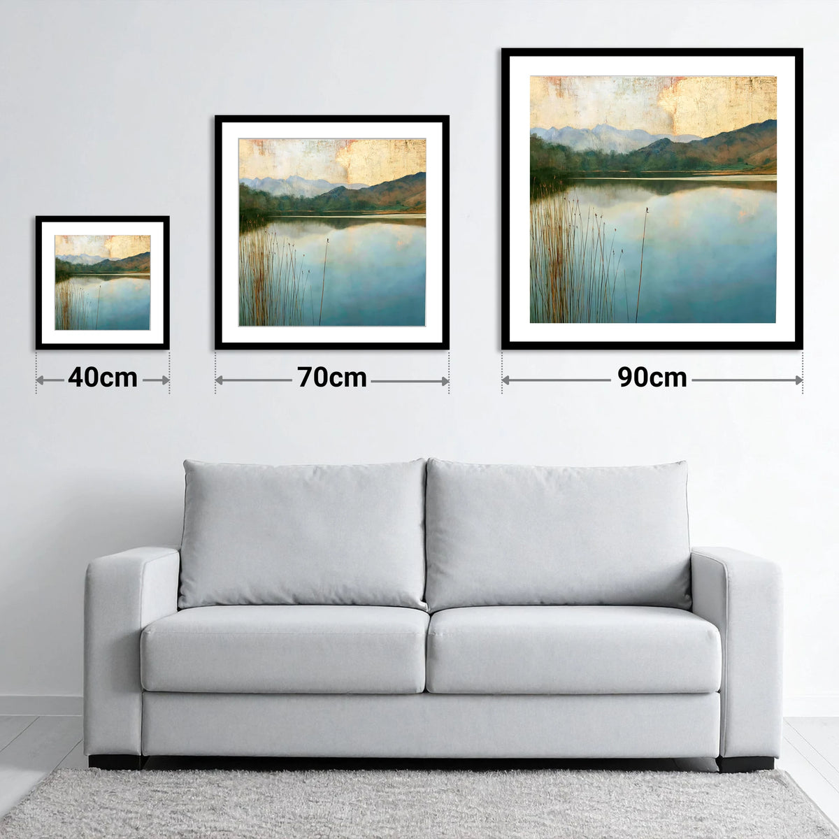 Elterwater Beneath a Golden Sky - size guide showing 40cm, 70cm and 90cm art prints