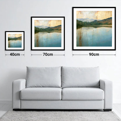 Elterwater Beneath a Golden Sky - size guide showing 40cm, 70cm and 90cm art prints