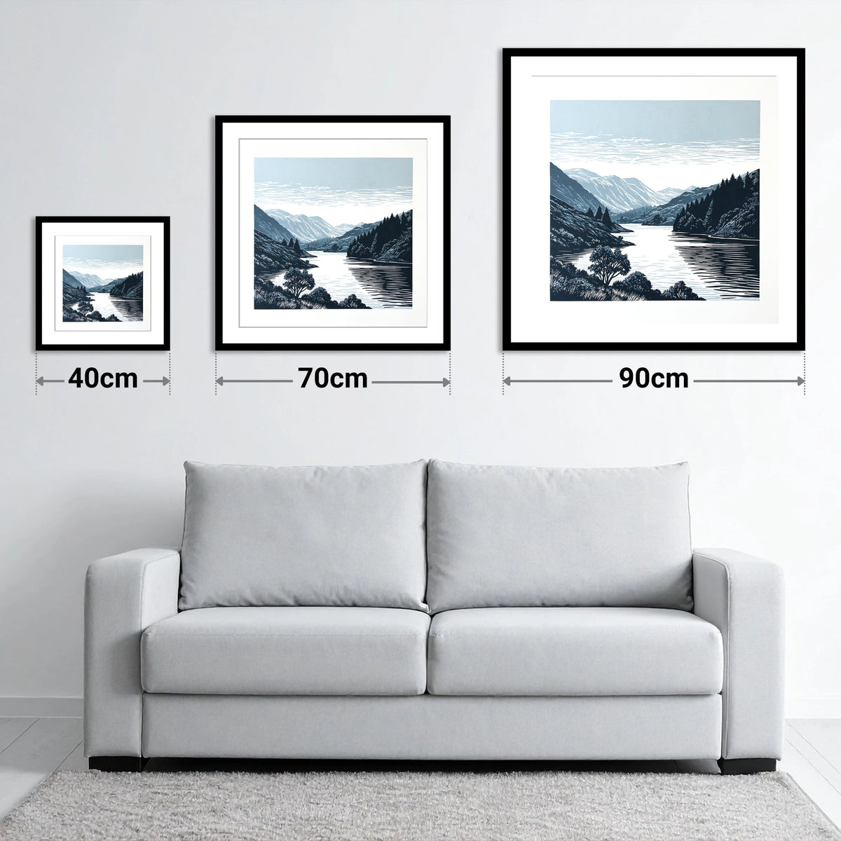 Navy Fells Over Slate Lake - size guide showing 40cm, 70cm and 90cm art prints