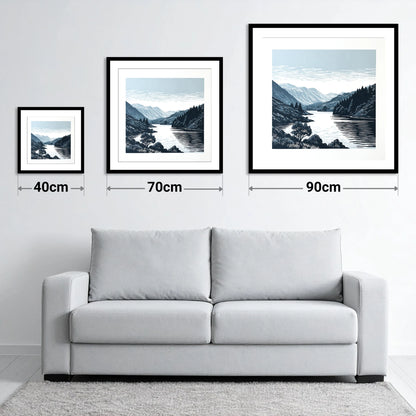 Navy Fells Over Slate Lake - size guide showing 40cm, 70cm and 90cm art prints