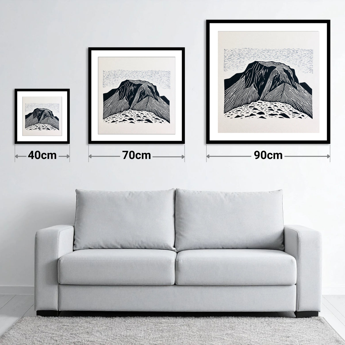 Great Gable Monochrome Graphic - size guide showing 40cm, 70cm and 90cm art prints