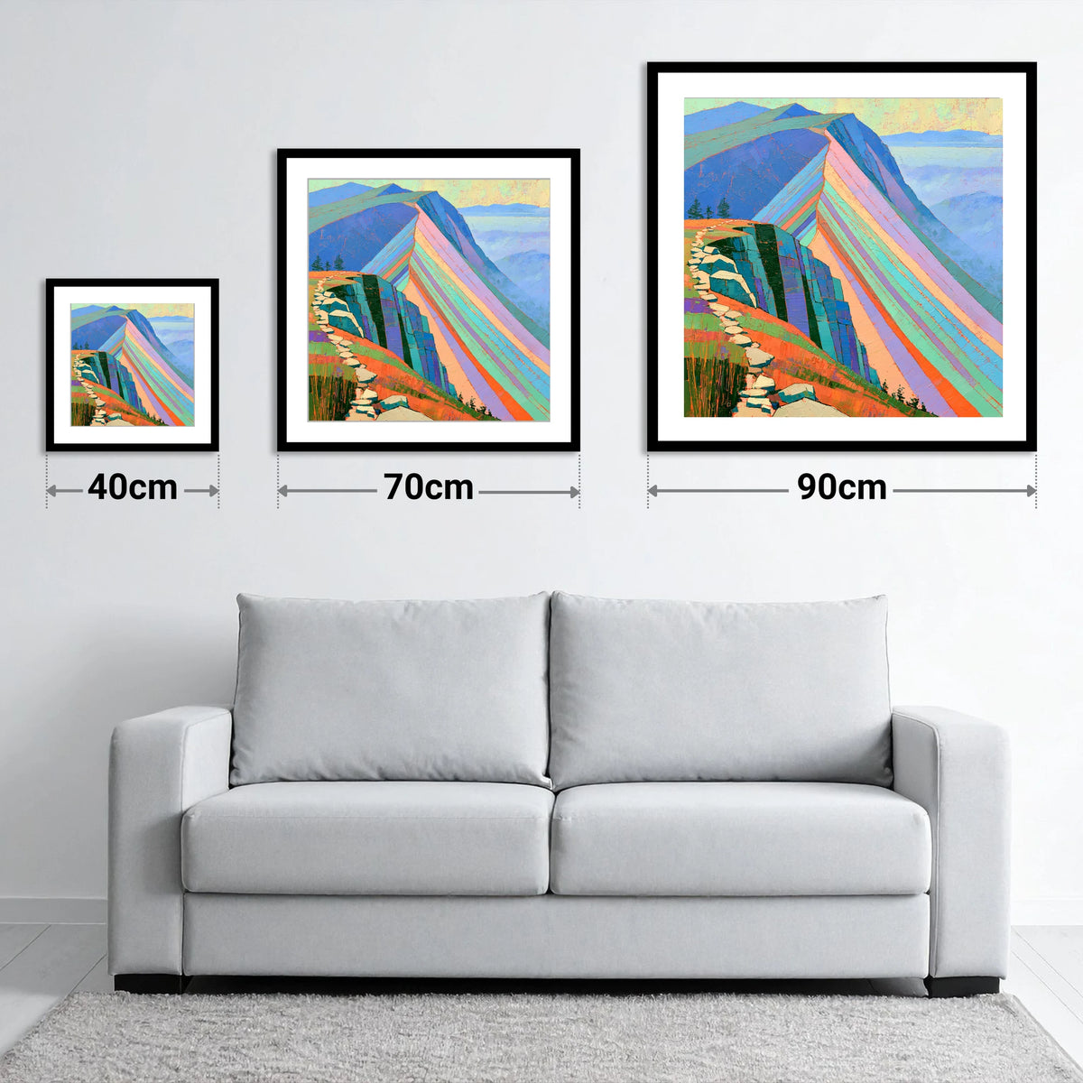 Colourful Striated Mountain Ridge - size guide showing 40cm, 70cm and 90cm art prints