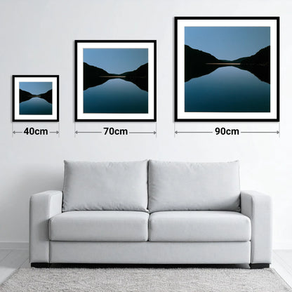 Midnight Blue Lake Reflection - size guide showing 40cm, 70cm and 90cm art prints