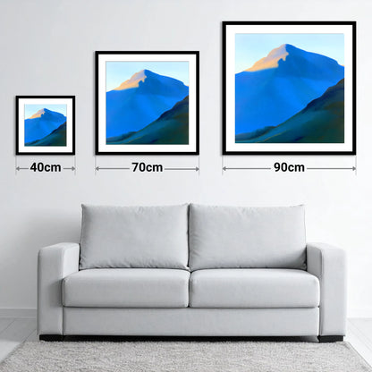Great Gable in Bold Blue - size guide showing 40cm, 70cm and 90cm art prints