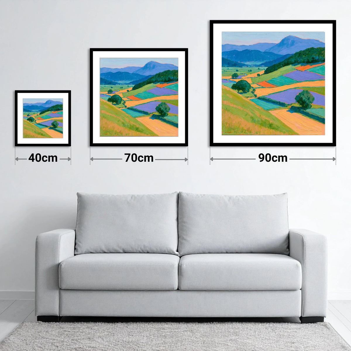 Violet And Ochre Dale Fields - size guide showing 40cm, 70cm and 90cm art prints