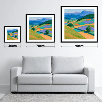 Violet And Ochre Dale Fields - size guide showing 40cm, 70cm and 90cm art prints