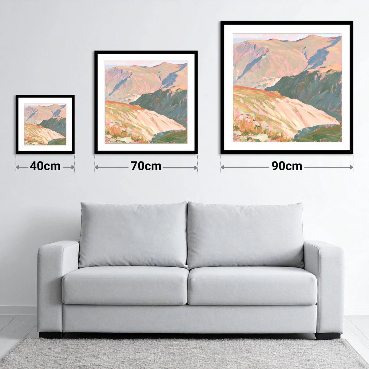 Summit View in Pastel Light - size guide showing 40cm, 70cm and 90cm art prints