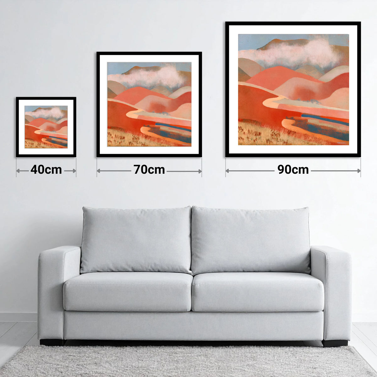 Terracotta Fells Under Cloud - size guide showing 40cm, 70cm and 90cm art prints