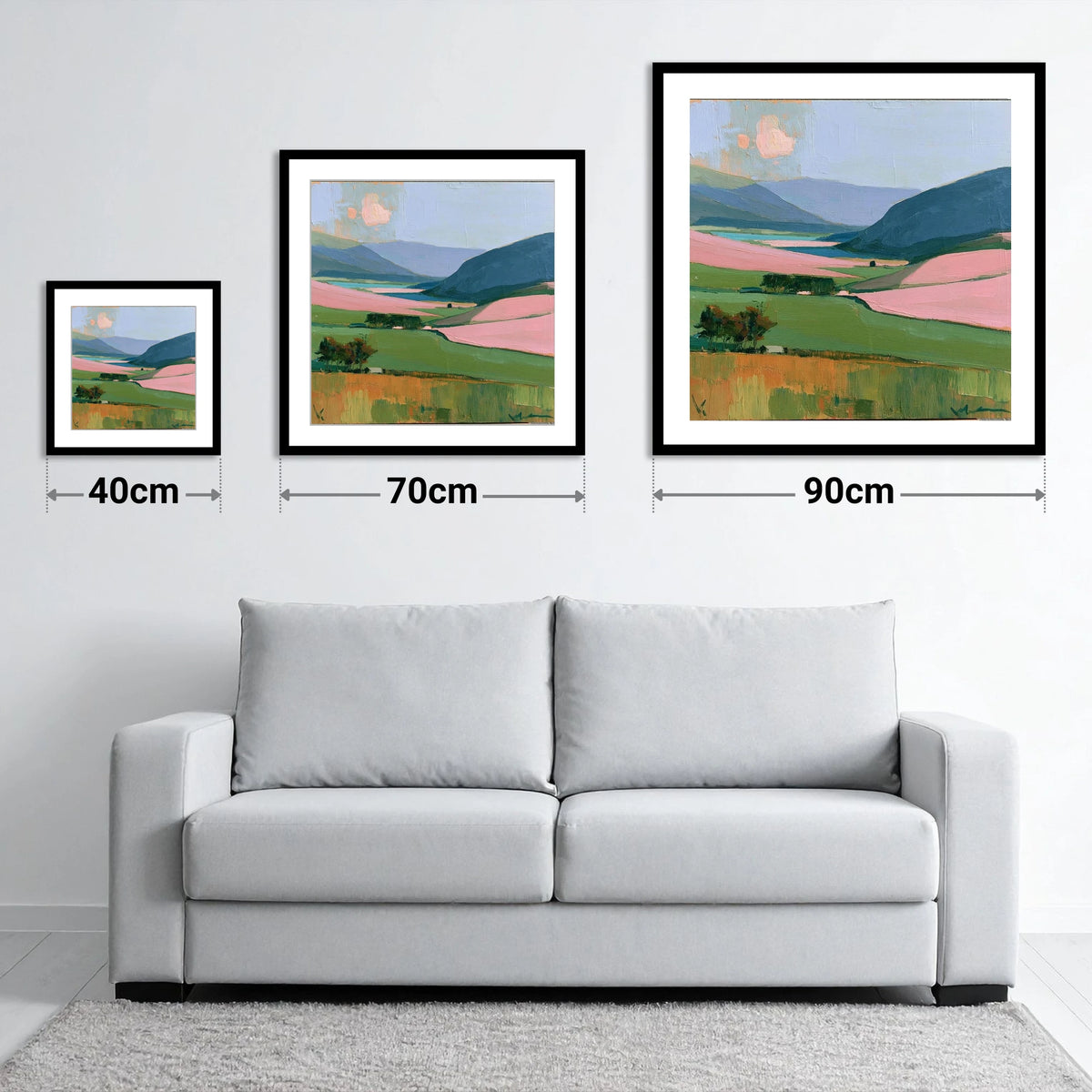 Vibrant Valley and Teal Fells - size guide showing 40cm, 70cm and 90cm art prints