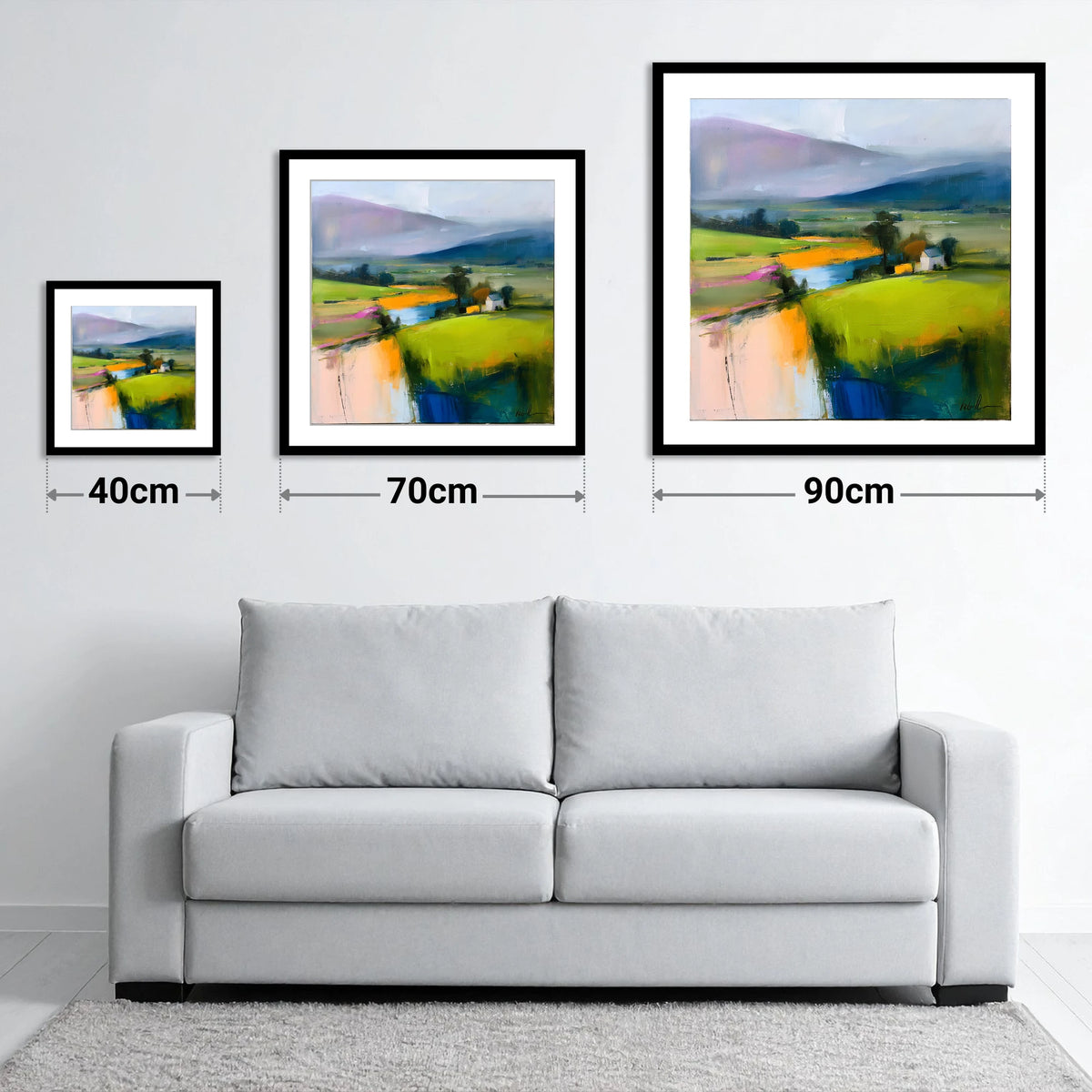 Vibrant Patchwork Valley Fields - size guide showing 40cm, 70cm and 90cm art prints