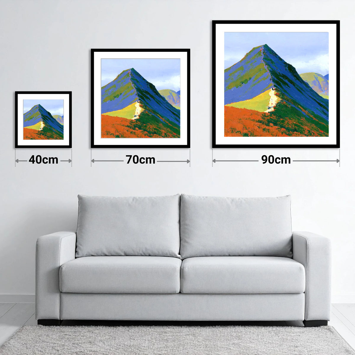 Vibrant Cat Bells Peak - size guide showing 40cm, 70cm and 90cm art prints