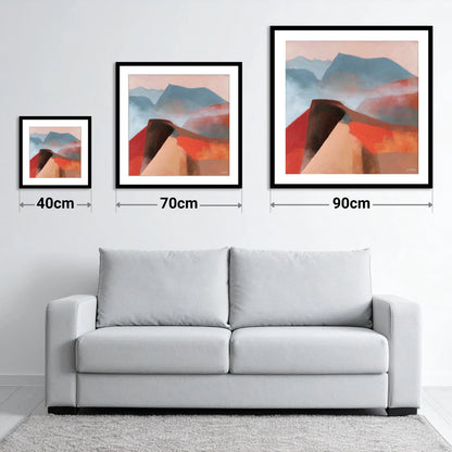 Terracotta Misty Mountain Ridge - size guide showing 40cm, 70cm and 90cm art prints
