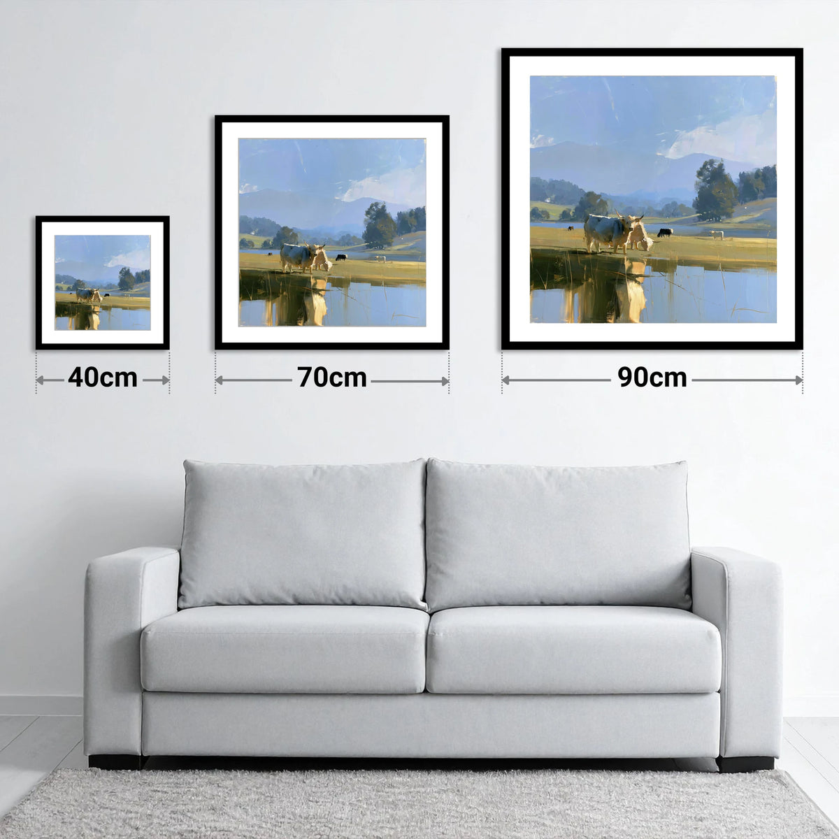 Highland Cattle Lakeshore Reflections - size guide showing 40cm, 70cm and 90cm art prints