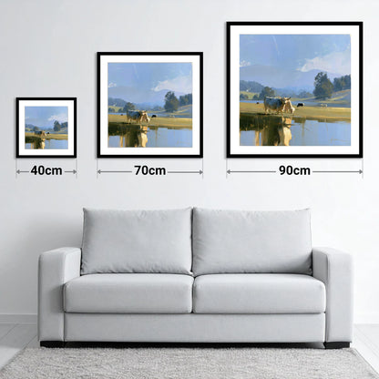 Highland Cattle Lakeshore Reflections - size guide showing 40cm, 70cm and 90cm art prints