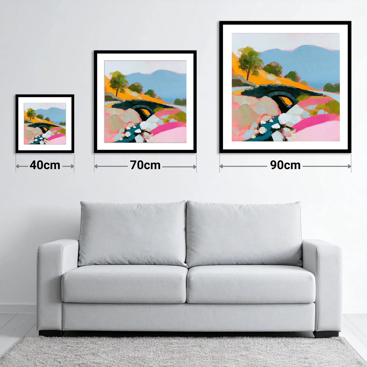 Vibrant Ashness Bridge Borrowdale - size guide showing 40cm, 70cm and 90cm art prints